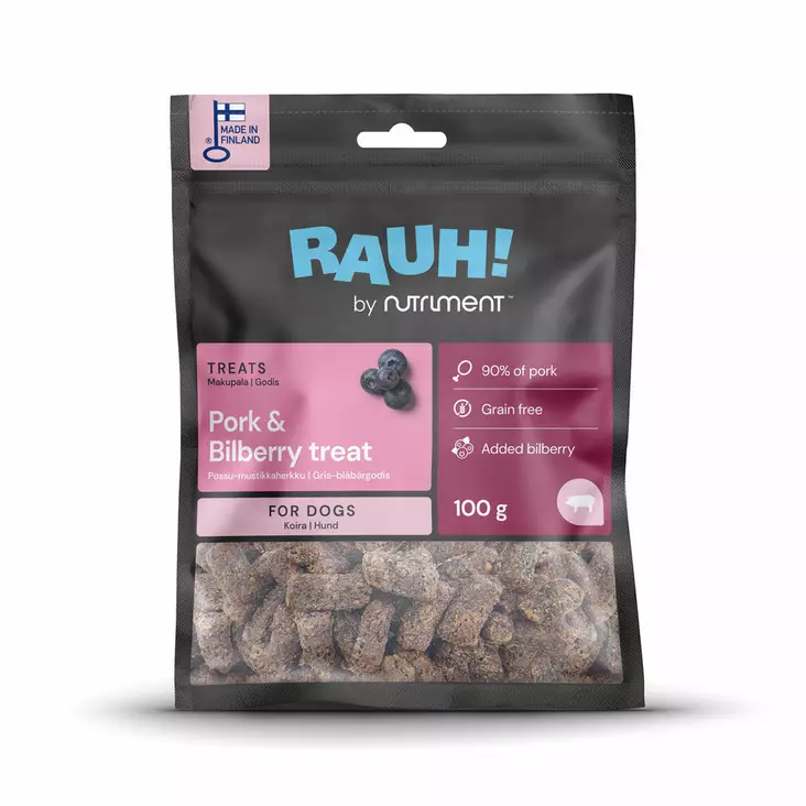 Rauh Pork and bilberry treat 100 - Koiran kuivatut lihaherkut - 6438047714026 - 1